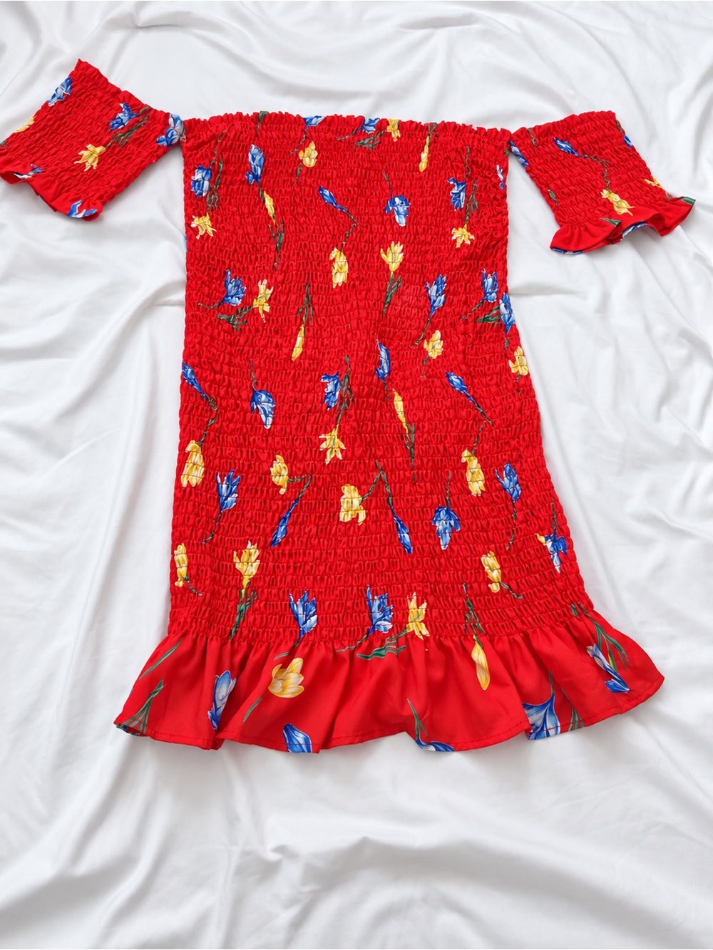 Red Floral Strapless Smocked Mini Dress
